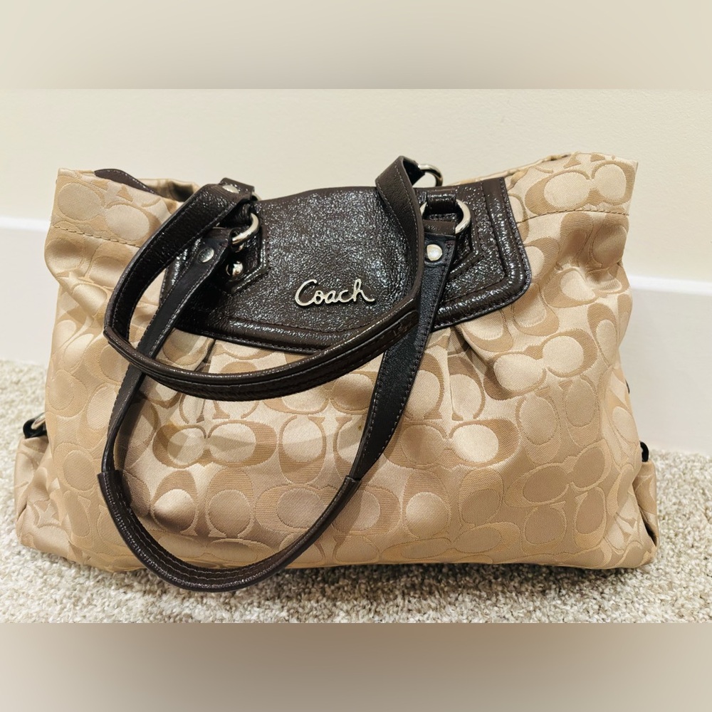 Coach Tan and Brown Shoulder Bag with Signature Style